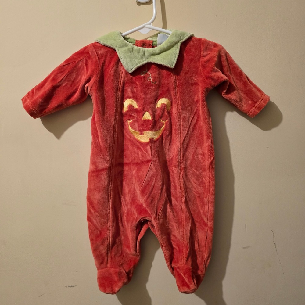 Little Me Pumpkin Sleeper Baby 3 Months Orange Velour Halloween Fall Costume